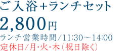 ご入浴+ランチセット2,500円ランチ営業時間/11：30～14：00